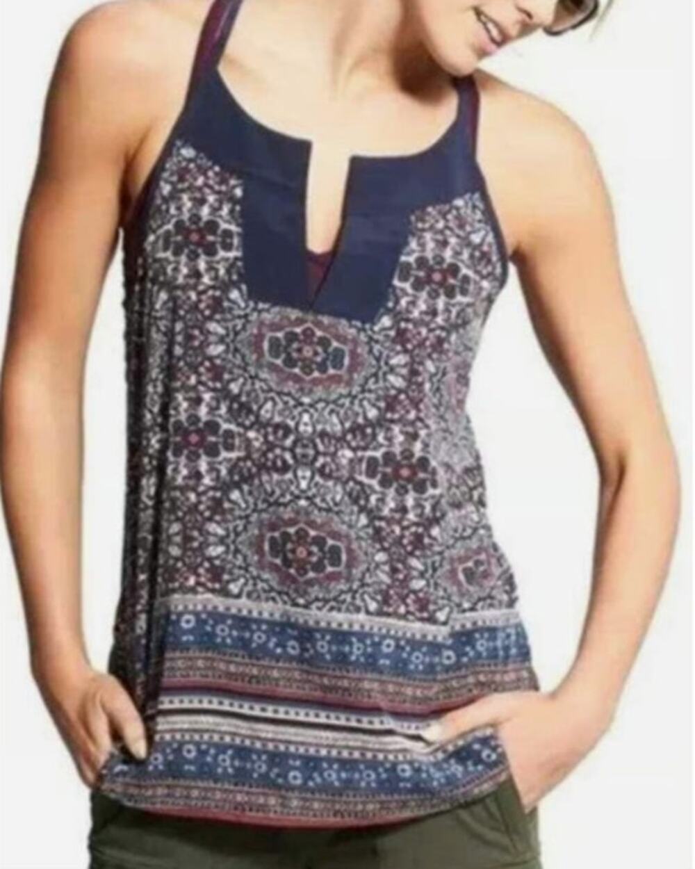Athleta Tank Tap Navy Tassel Blouse Womens Extra Small Boho Athleisure